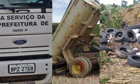 Morador registra caminhão da Prefeitura de Cruzeiro supostamente despejando lixo e pneus em terreno em céu aberto