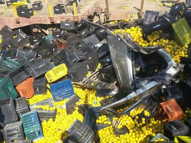 Caminhão carregado com 15 t de laranjas tomba na Dutra em Resende/RJ
