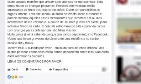 Alerta sobre sequestro de crianças em Taubaté é desmentido pela Polícia