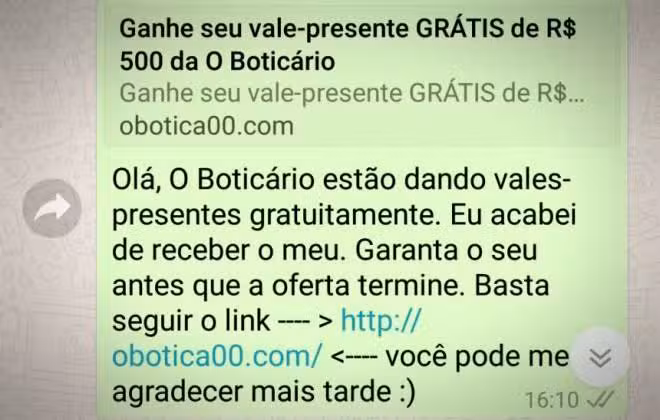 Novo golpe circulando pelo WhatsApp promete vale-presente de R$ 500