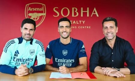 Mikel Arteta, Merino e Edu Gaspar, diretor esportivo do Arsenal