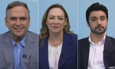 Candidatos à Prefeitura de Goiânia: Sandro Mabel (UB), Adriana Accorsi (PT) e Fred Rodrigues (PL) — Foto: Reprodução/TV Anhanguera