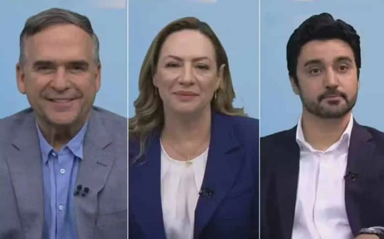 Candidatos à Prefeitura de Goiânia: Sandro Mabel (UB), Adriana Accorsi (PT) e Fred Rodrigues (PL) — Foto: Reprodução/TV Anhanguera