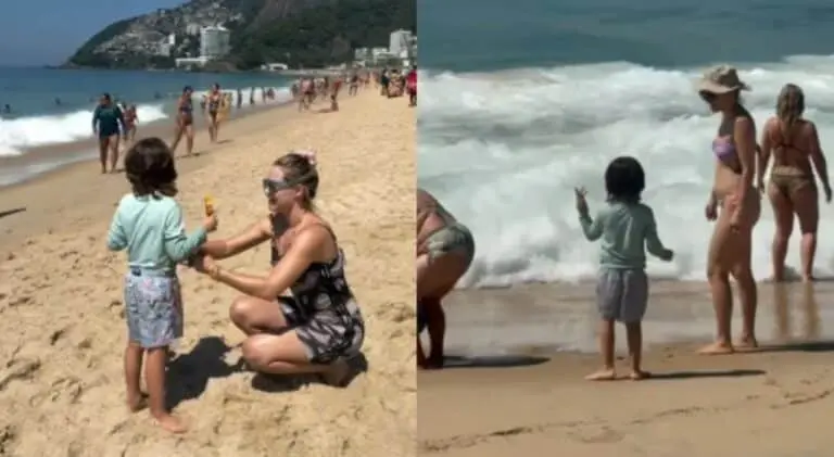 Letícia Colin com o filho na praia