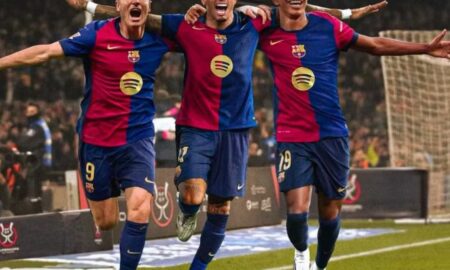Lewandowski, Raphinha e Yamal em montagem imitiando o trio MSN no Barcelona em postagem de Yamal
