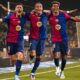 Lewandowski, Raphinha e Yamal em montagem imitiando o trio MSN no Barcelona em postagem de Yamal