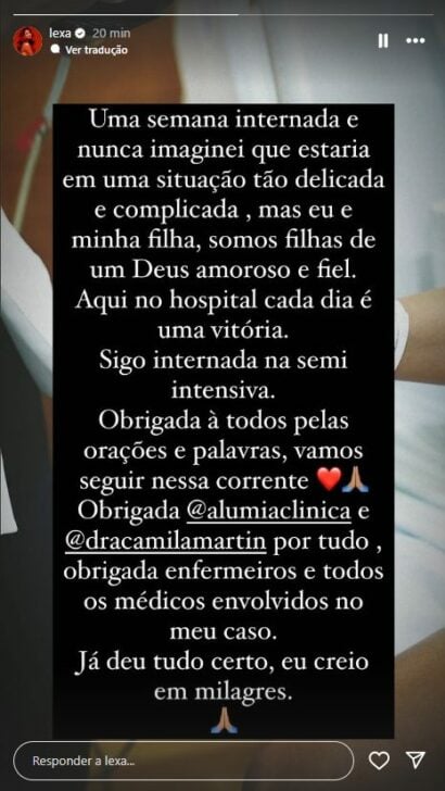 Lexa em postagem no seu instagram sobre seu estado de saúde