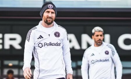 Lionel Messi e Luis Suárez na reapresentação do Inter Miami para a temporada 2025