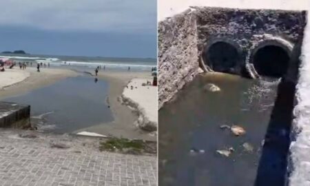 Vazamento de esgoto na Praia da Enseada, em Guarujá (SP) — Foto: Reprodução/TV Tribuna