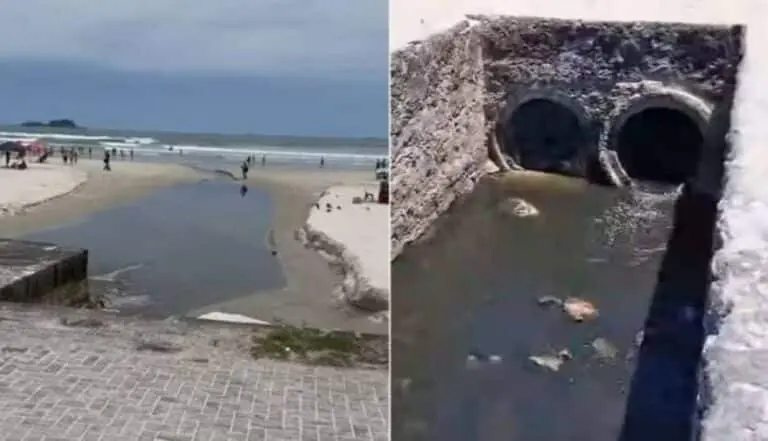 Vazamento de esgoto na Praia da Enseada, em Guarujá (SP) — Foto: Reprodução/TV Tribuna