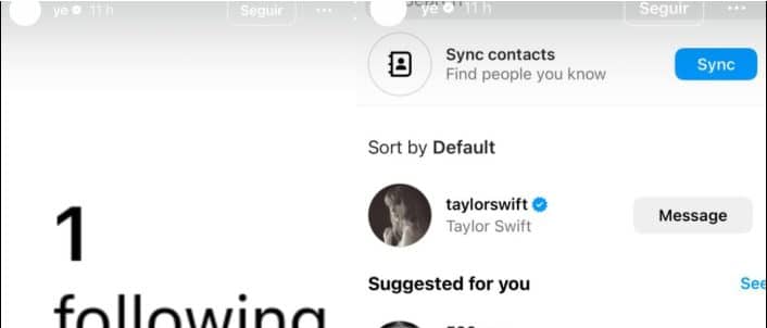 Kanye West seguindo Taylor Swift no instagram