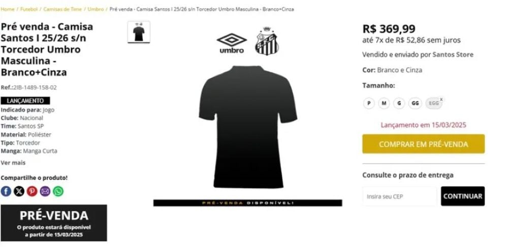 Nova camisa do Santos está em pré-venda