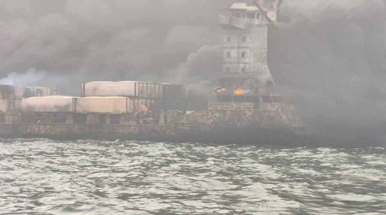 An oil tanker catches fire after a collision in the North Sea