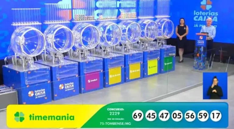 Resultado Timemania 2229 com R$ 10 milhões nesta quinta-feira na Caixa: 69 - 45 - 47 - 05 - 56 - 59 - 17 - Time do Coração - 75 - Tombense-MG