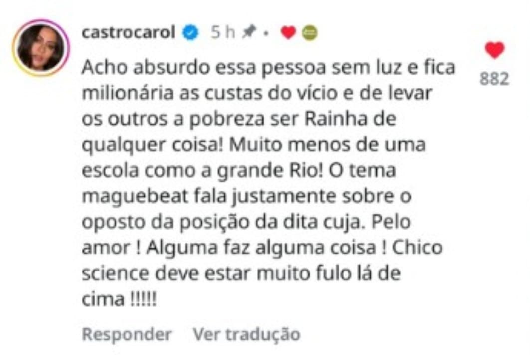 Comentário de Carol Castro sobre Virginia como rainha de bateria da Grande Rio