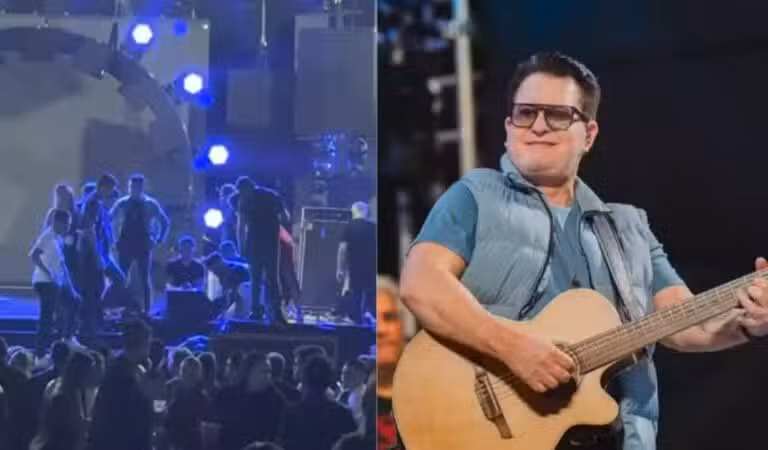 Marrone cai do palco durante show em Goiânia