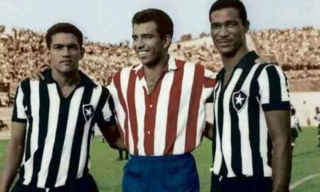 Garrincha, Vavá e Didi em Atlético de Madrid 4 x 6 Botafogo, em 1959