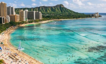 Hawaii beach Honolulu city travel landscape of Waikiki beach and Diamond Head mountain peak at sunset, Oahu island, USA vacation.