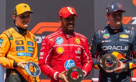 Lewis Hamilton, Oscar Piastri e Max Verstappen