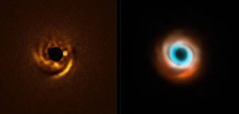 À esquerda, ponto brilhante mostra possível planeta em formação ao redor da estrela HD 135344B (escondida pelo círculo preto); à direita, imagem combinada revela os braços de poeira e gás esculpidos ao redor da estrela. — Foto: ESO/F. Maio et al./T. Stolker et al./ ALMA (ESO/NAOJ/NRAO)/N. van der Marel et al.