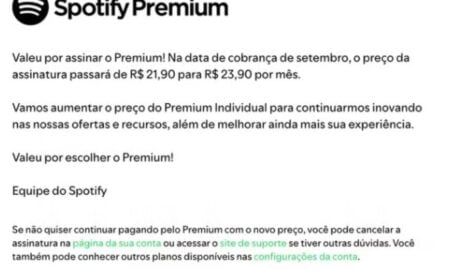E-mail que o Spotify enviará aos assinantes do Premium sobre o reajuste