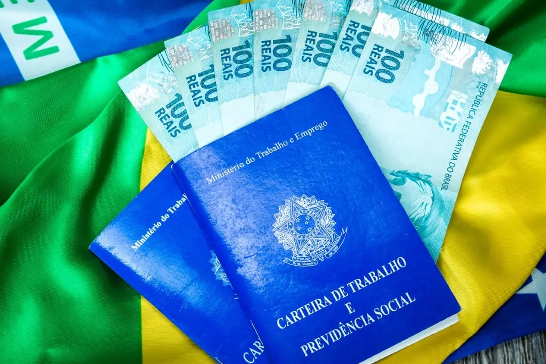 Carteira de Trabalho, cédulas de cem reais, salário mínimo