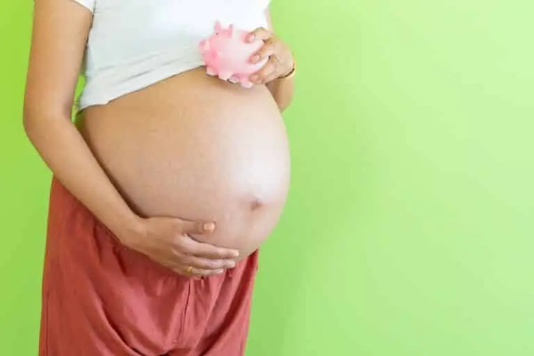 Mulher grávida segurando cofre conceito de salário-maternidade