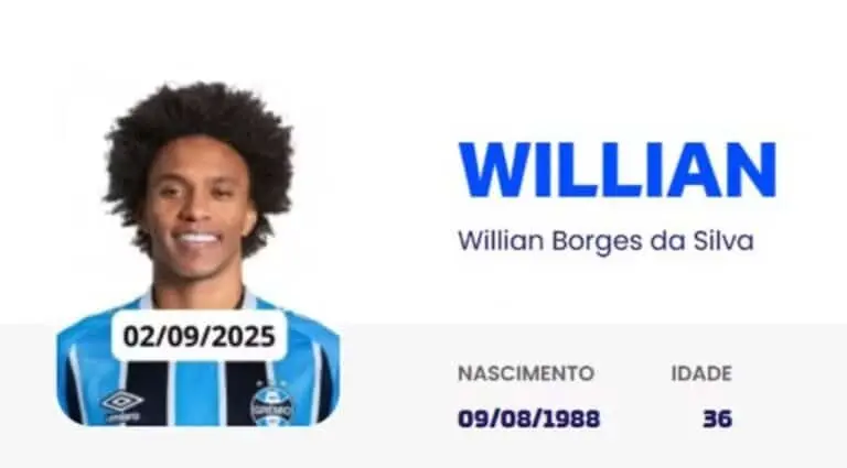 Willian aparece com camiseta do Grêmio no site da CBF