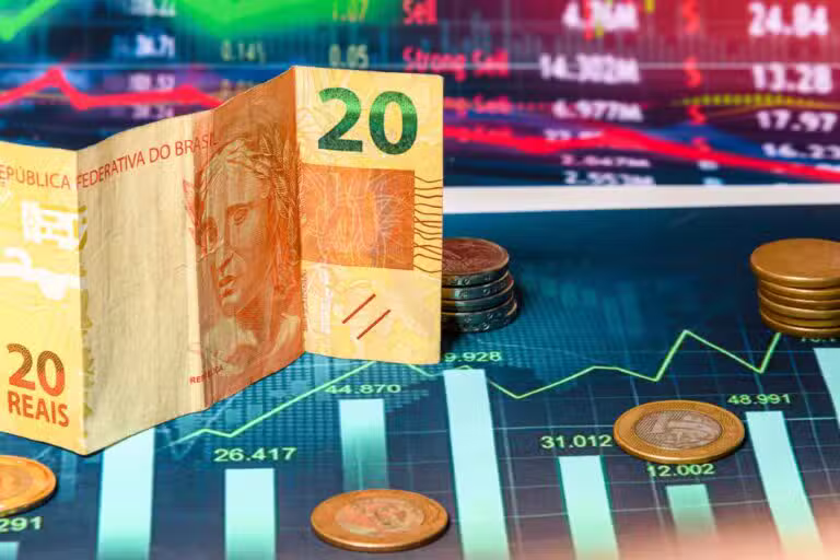 Cédula de vinte reais, moedas real, gráficos econômicos