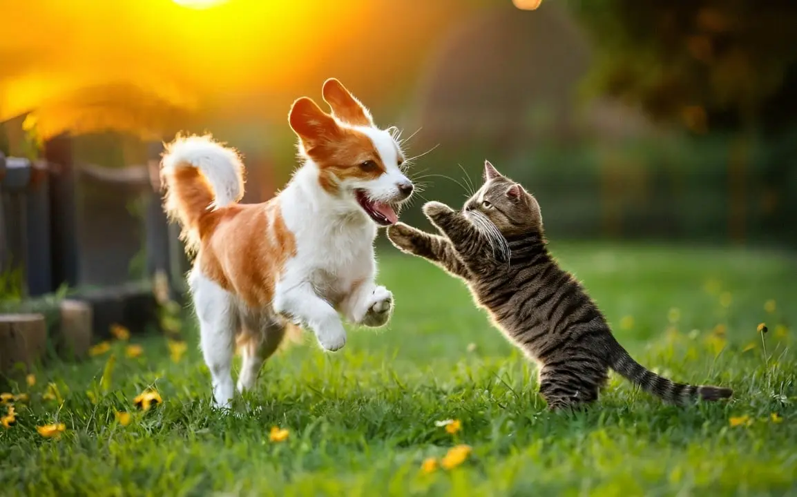 Pets, cachorro e gato brincando