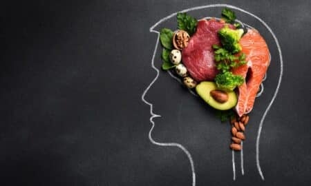 Desenho de cabeça e cérebro feito com alimentos