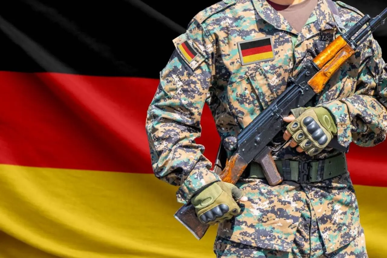 Bandeira da Alemanha com soldado de uniforme militar