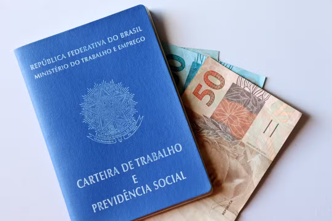 Carteira de Trabalho, dinheiro, notas de 50 e 100 reais