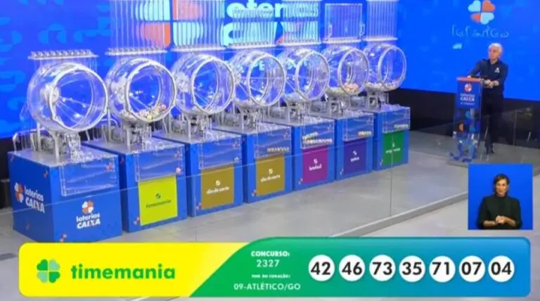 Resultado adiado Timemania 2327 com jackpot de R$ 58 milhões na Loteria: 42 - 46 - 73 - 35 - 71 - 07 - 04 - Time do coração: 09 - Atlético-GO
