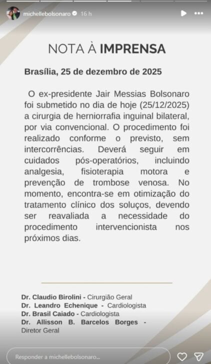 Story de Michelle Bolsonaro a respeito da cirurgia de Jair Bolsonaro