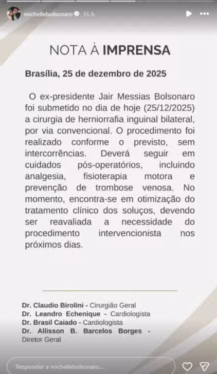 Story de Michelle Bolsonaro a respeito da cirurgia de Jair Bolsonaro