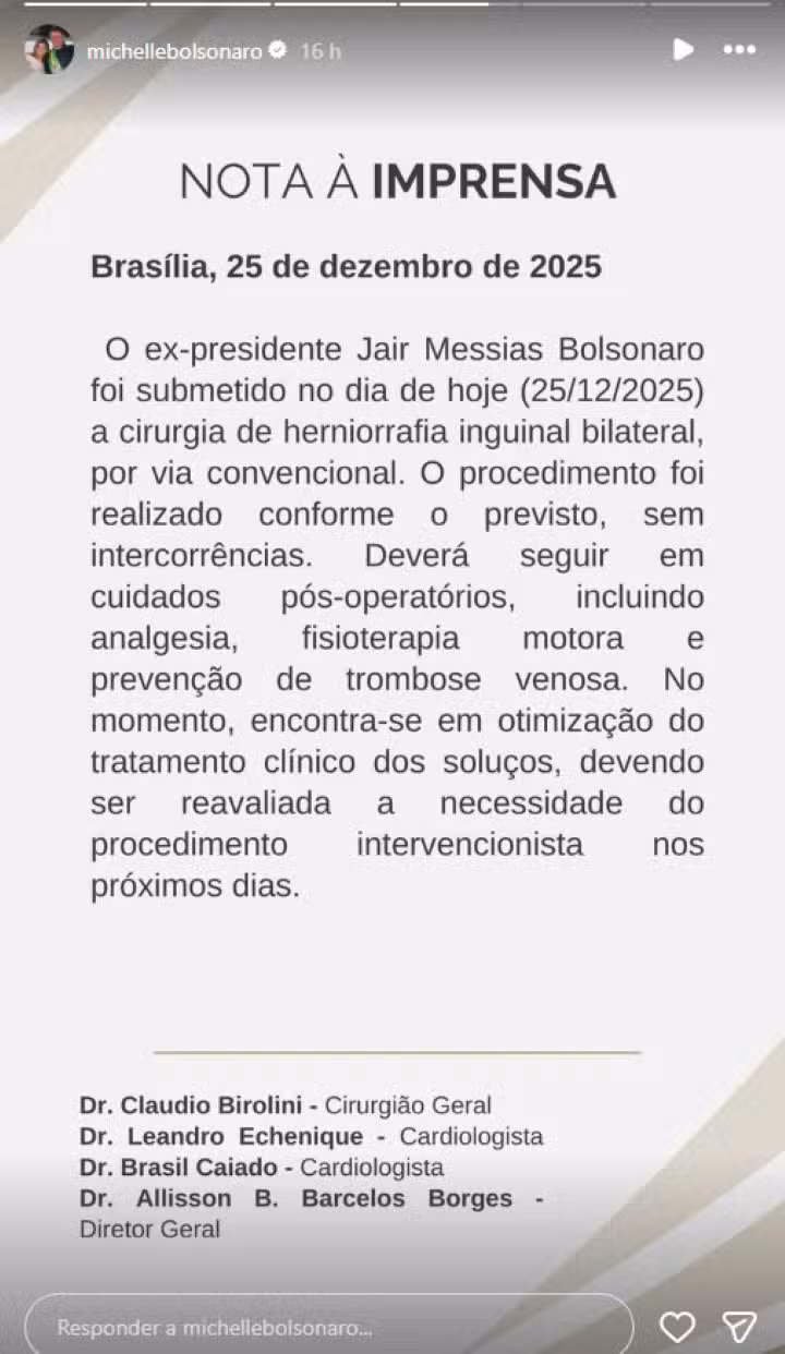 Story de Michelle Bolsonaro a respeito da cirurgia de Jair Bolsonaro