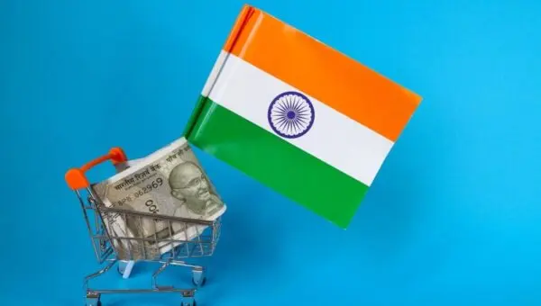 Carrinho de compras, dinheiro, bandeira da India