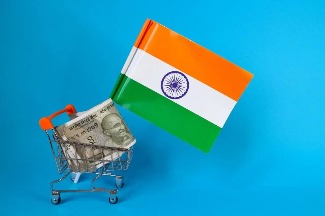 Carrinho de compras, dinheiro, bandeira da India