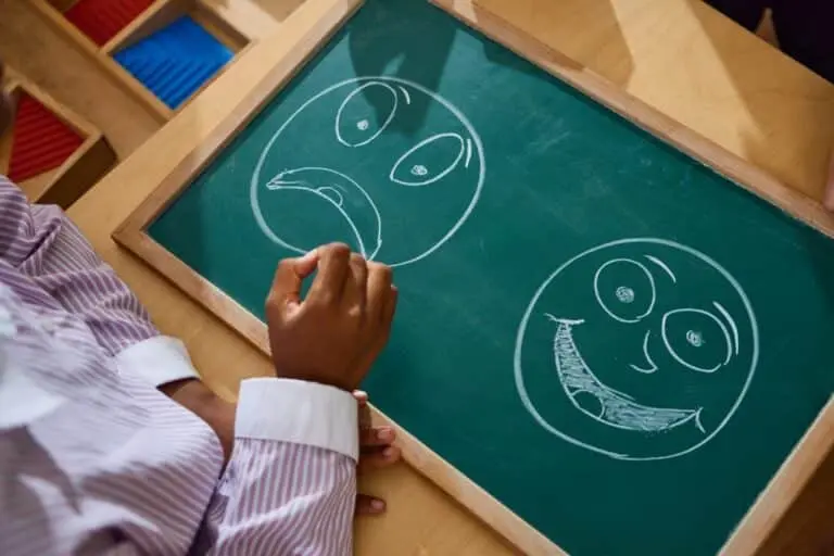 Criança apontando para quadro-negro com rostos emocionais, Conceito de psicologia infantil