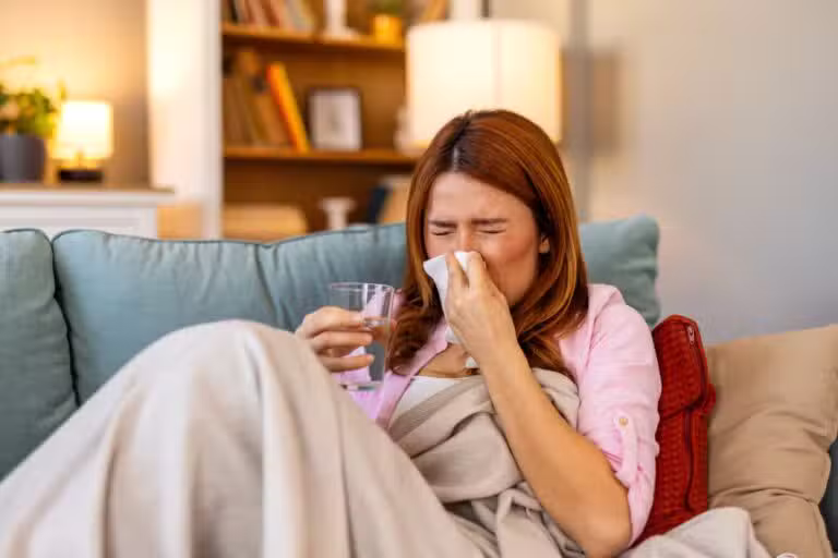 Jovem assoando o nariz, gripe, resfriado