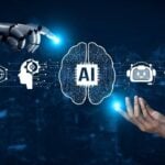 Mão de robô e humana, IA, inteligência artificial