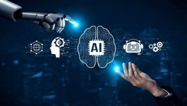 Mão de robô e humana, IA, inteligência artificial