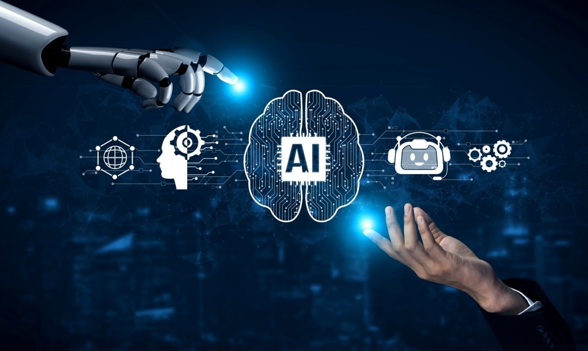 Mão de robô e humana, IA, inteligência artificial