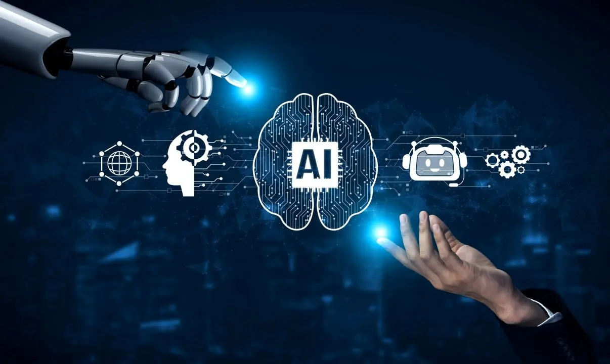 Mão de robô e humana, IA, inteligência artificial
