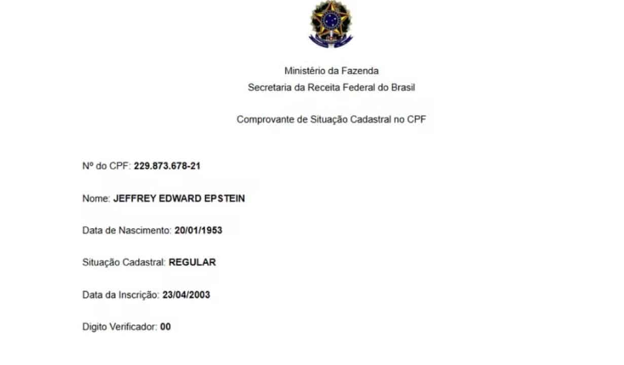 Situação cadastral do CPF de Jeffrey Epstein no Brasil
