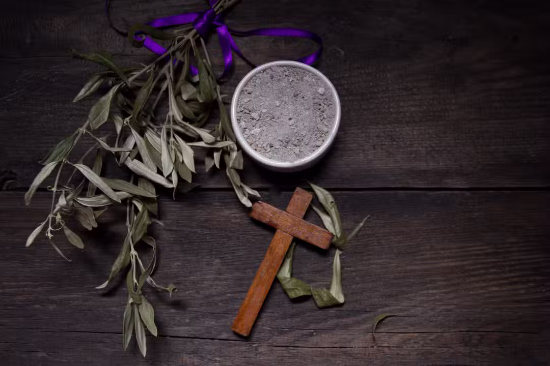 Tigela com cinzas, ramo de oliveira e cruz, símbolos da Quarta-feira de Cinzas