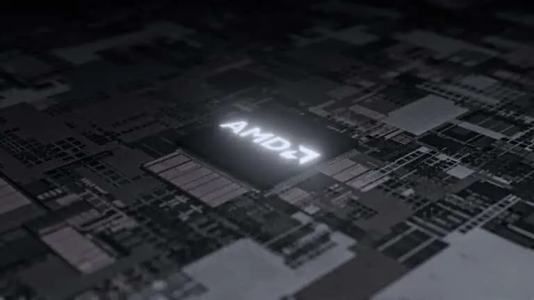 Um chip AMD em uma placa de circuito escura