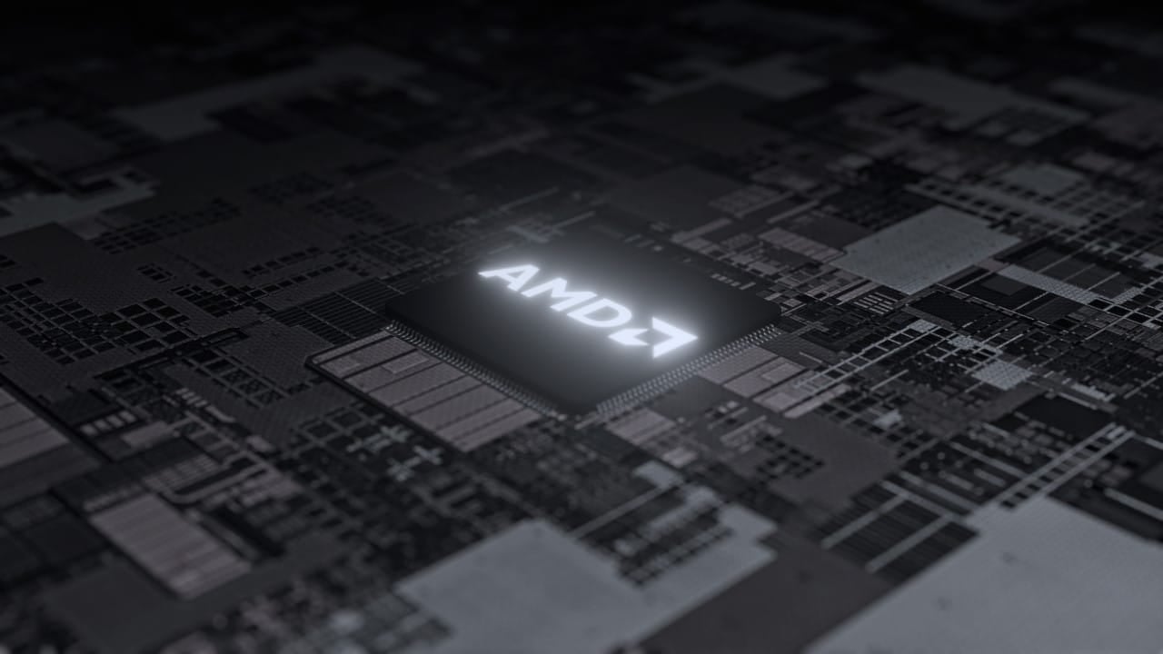 Um chip AMD em uma placa de circuito escura
