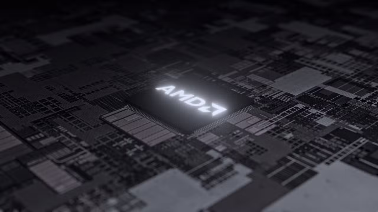 Un chip AMD en una placa de circuito oscura